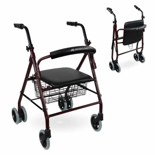 Andador plegable ruedas con cesta, asiento y frenos por presión