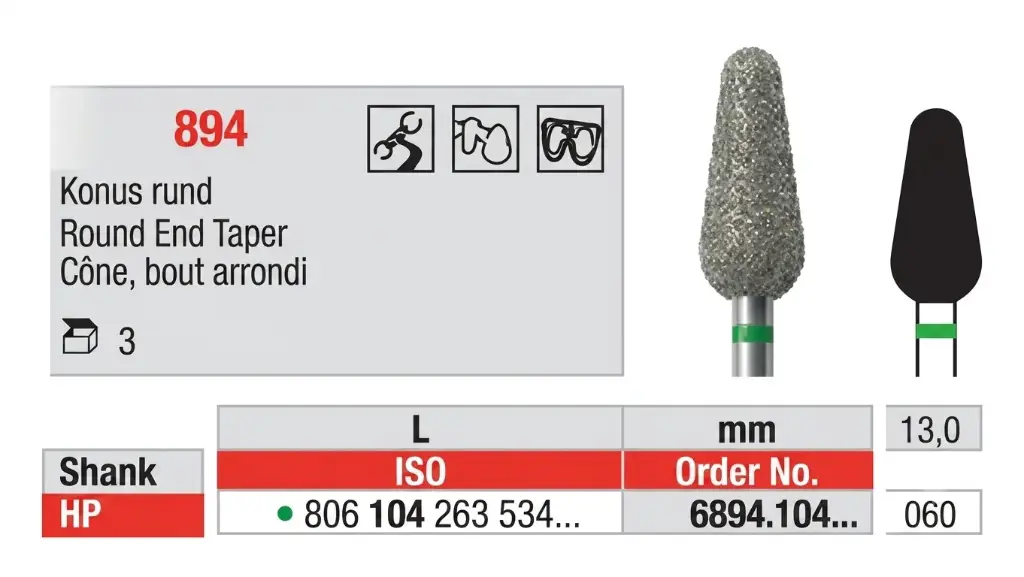 Fresas diamantadas Fig.6894 Grano Grueso Cal.060 Cono redondeado HP 3u Edenta