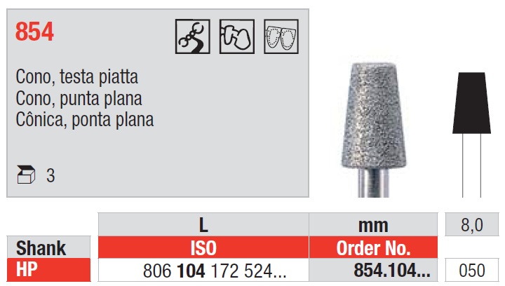 Fresas diamantadas Fig. 854 Grano Medio Cono Punta Plana HP 3u Edenta