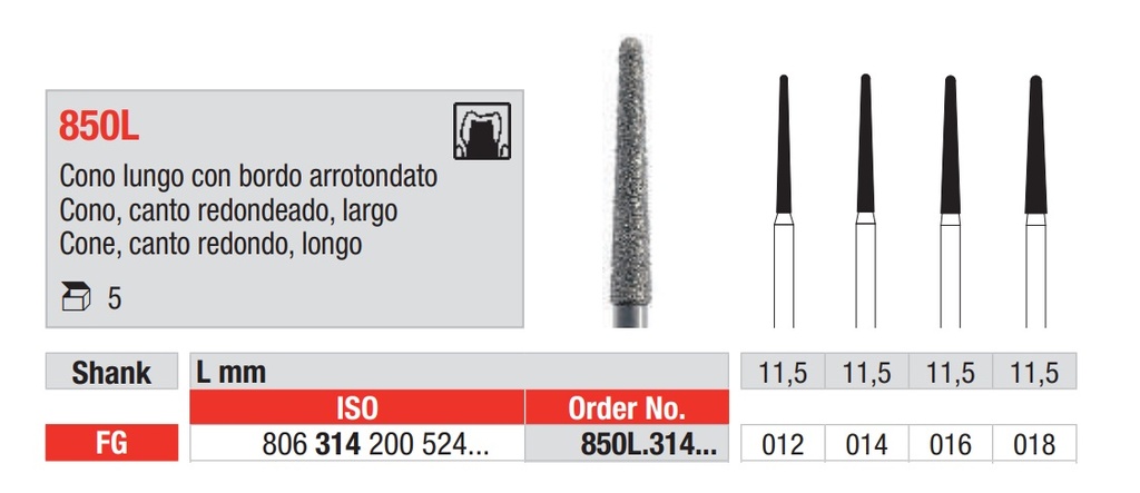 Fresas diamantadas Fig. 850L Grano Medio Cono Cuello Largo FG 5u Edenta