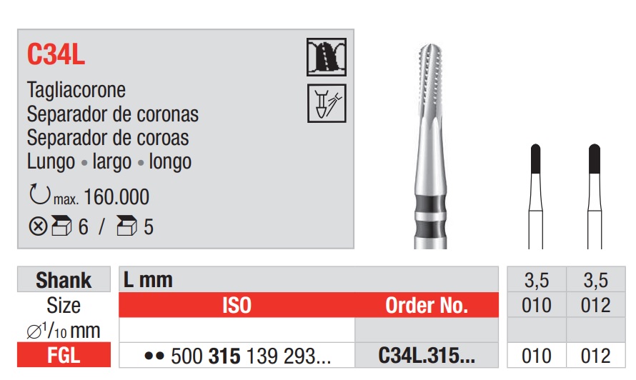 Fresas Carburo Tungsteno Fig. C34L Separador Coronas Largo FG 5u EDENTA