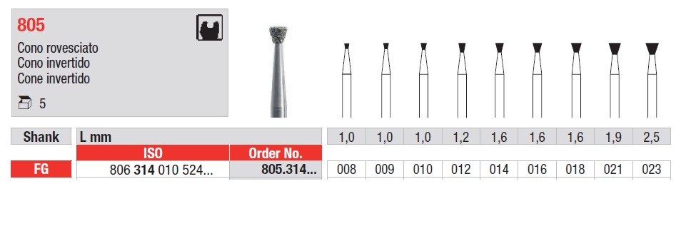 Fresas diamantadas Fig. 805 Grano Medio Cono Invertido FG 5u Edenta