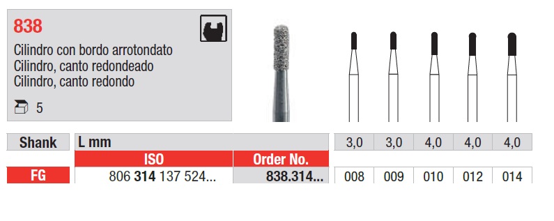 Fresas diamantadas Fig.838 Grano Medio cal.012 cilindro redondeado FG 5u Edenta