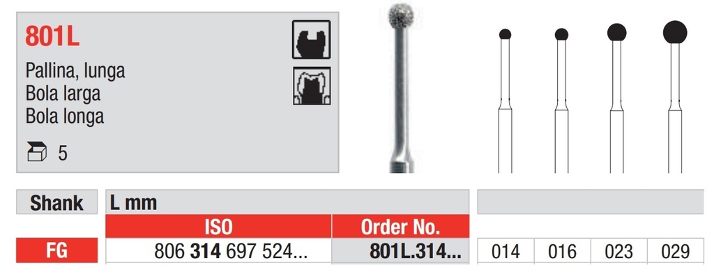 Fresas diamante turbina Bola cuello largo FG Fig. 801L Grano Medio 5u Edenta