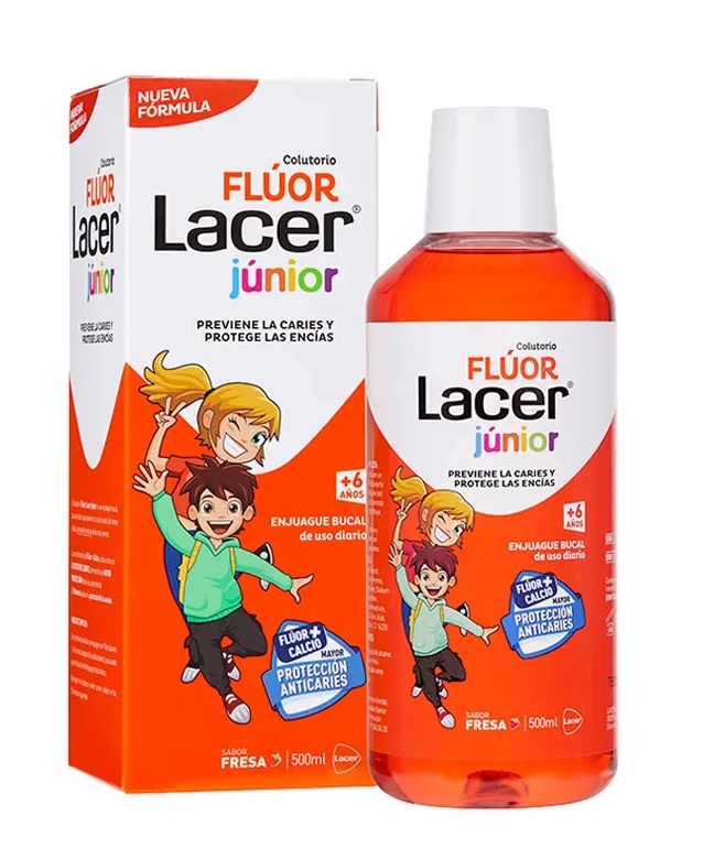 Flúor Lacer Junior enjuague bucal de uso diario   500 ml sabor fresa