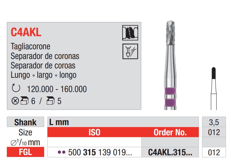 Fresa Carburo Tungsteno Separador Coronas Largo FG 5u EDENTA