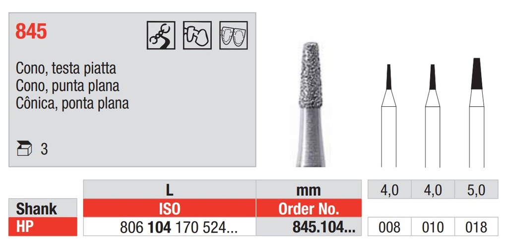 Fresas diamantadas Fig. 845 Grano Medio Cono Punta Plana HP 3u EDENTA