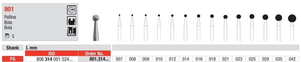 Fresas diamantadas Fig. 801 Grano Medio Bola FG 5u Edenta