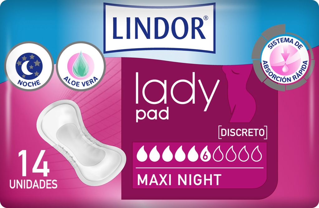 Compresas LINDOR Lady Maxi Night 6 gotas Bolsa 14u