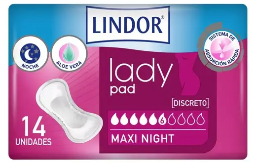 Compresas LINDOR Lady Maxi Night 6 gotas Bolsa 14u