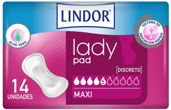Compresas LINDOR Lady Maxi 5 gotas Bolsa 14u