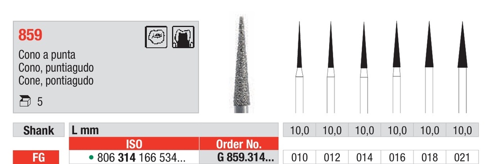 Fresas diamantadas Fig. G859 Grano Grueso Cono puntiagudo FG 5u Edenta