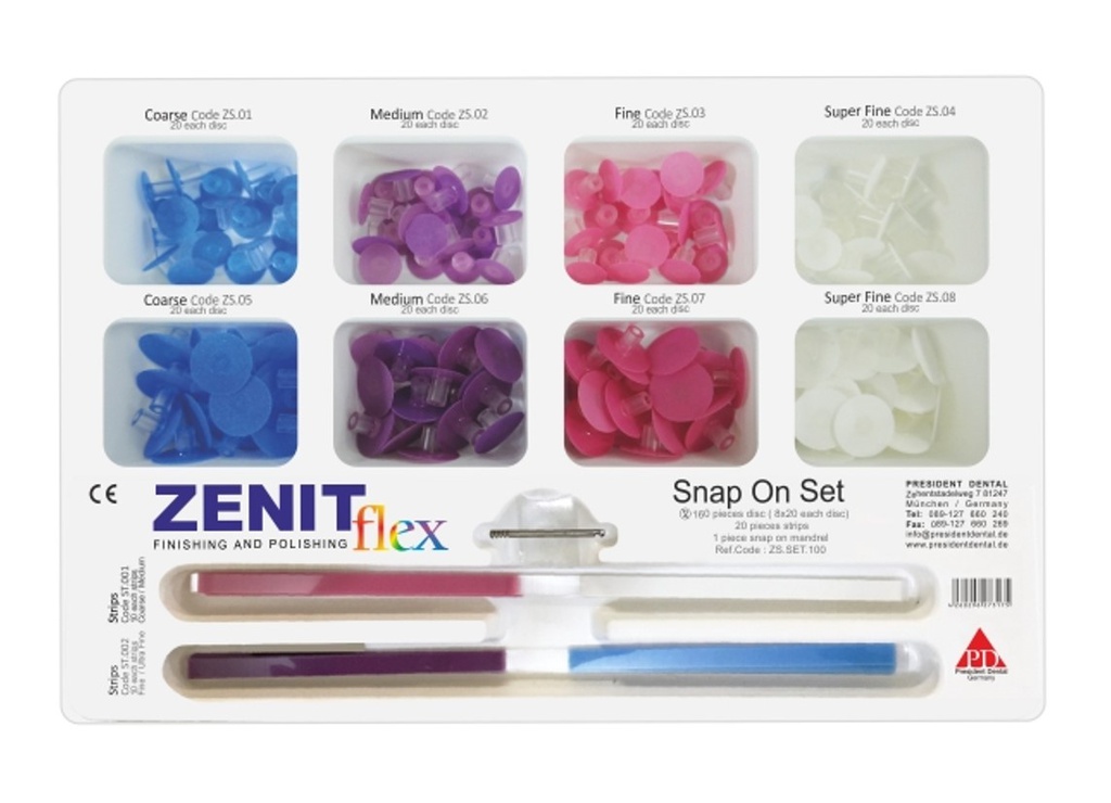 Kit discos de pulido para composite Zenit Flex Snap On (160 discos + mandril + 20 strips) President Dental