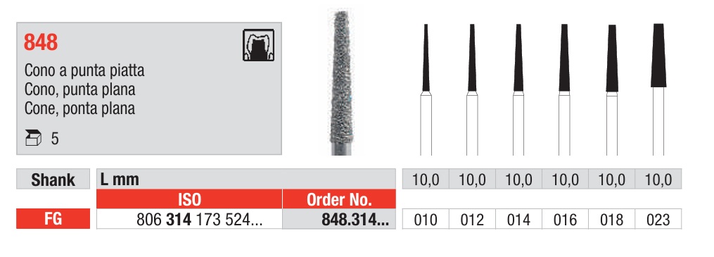 Fresas Diamantadas Fig. 848 Grano Medio Cono Punta Plana FG 5u EDENTA