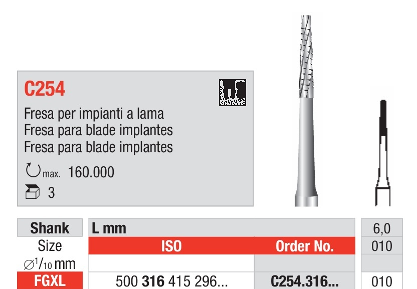 Fresa Quirúrgica de Carburo de Tungsteno FGXL Fig. C254 3u Edenta
