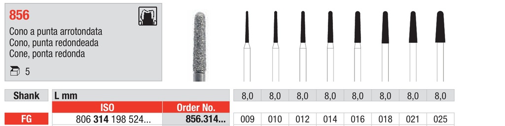 Fresas diamantadas Fig. 856 Grano Medio Cono punta redonda FG 5u EDENTA