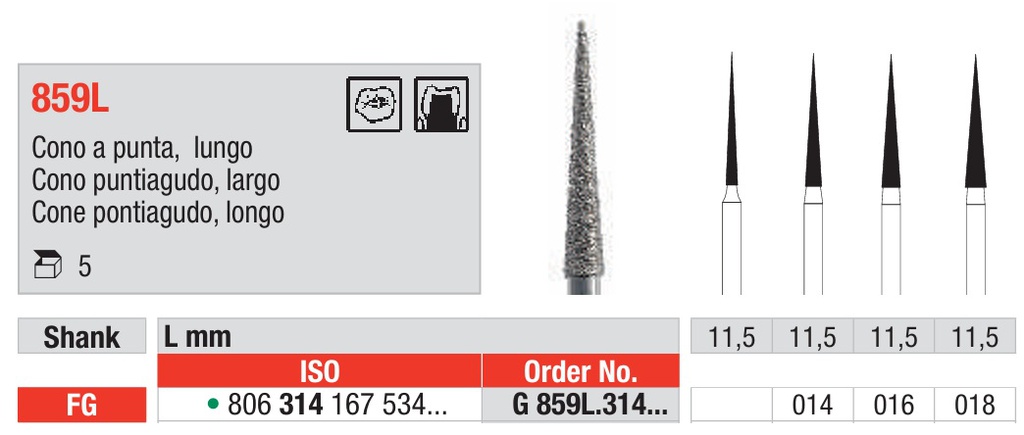Fresas diamantadas Fig. G859L Grano Grueso Cono puntiagudo Largo FG 5u Edenta