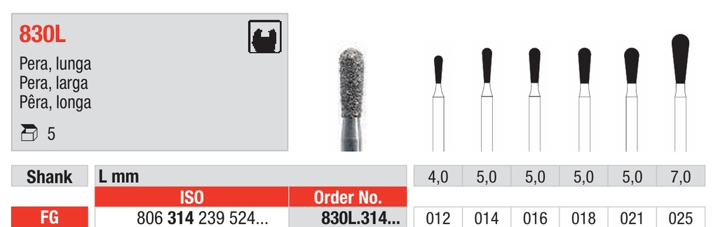 Fresas diamantadas Fig. 830L Grano Medio Pera FG 5u Edenta