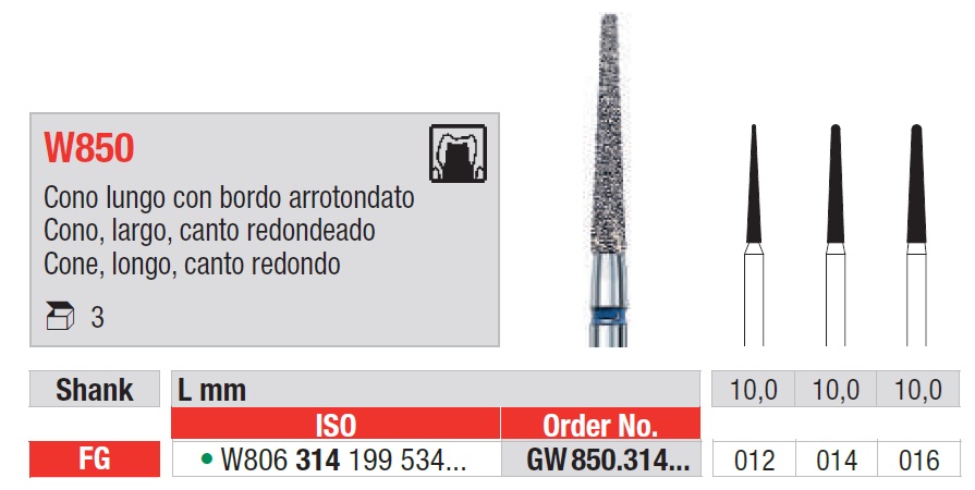 Fresas diamantadas White Tiger Fig. GW850 Grano Grueso Cono largo FG 3u Edenta
