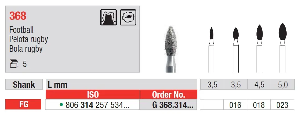 Fresas diamantadas Fig. G368 Grano Grueso Pelota Rugby FG 5u Edenta