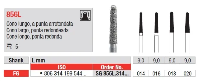 Fresas diamantadas Fig. SG856L Grano Super Grueso Cono Largo punta redonda FG 5u EDENTA 