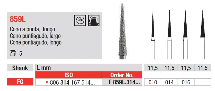 Fresas diamantadas Fig. F859L Grano Fino Cono puntiagudo Largo FG 5u Edenta 