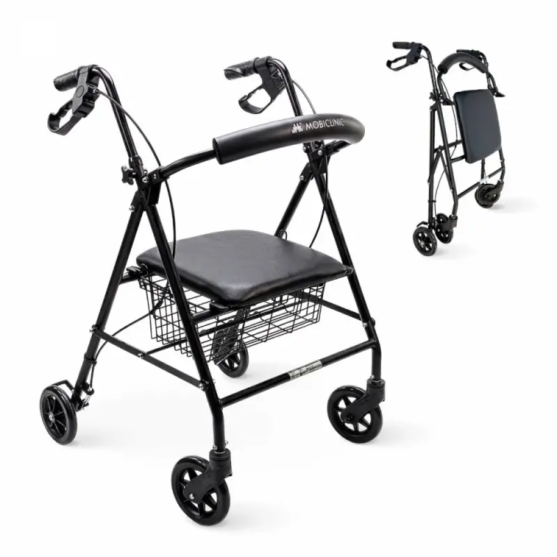 Andador plegable ruedas con cesta, asiento y frenos maneta tradicionales