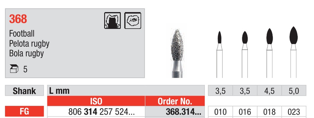 Fresas diamantadas Fig. 368 Grano Medio Pelota Rugby FG 5u Edenta