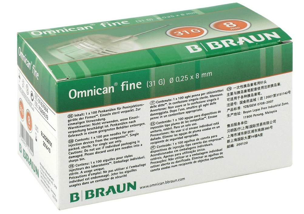 Agujas 31G 0.25x8mm Omnican Fine 100u para pluma insulina