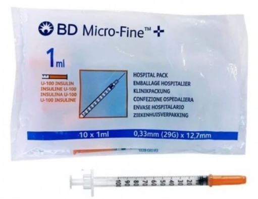 Jeringa BD Micro-Fine insulina 1ml aguja 29G bolsa 10u