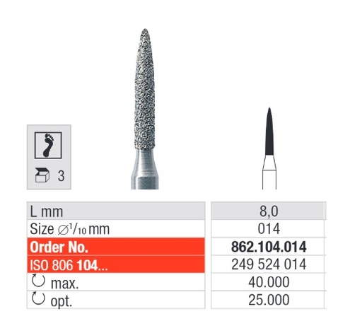[862.104.014] Fresas diamantadas Fig. 862 Grano Medio Llama HP 3u Edenta