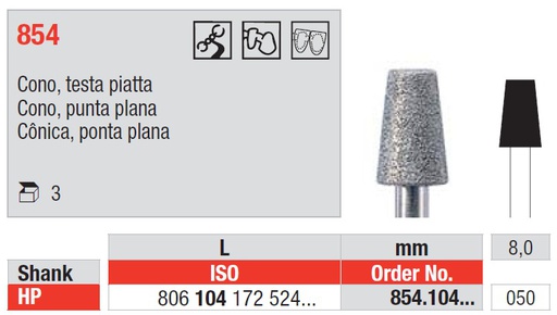 [854.104.050] Fresas diamantadas Fig. 854 Grano Medio Cono Punta Plana HP 3u Edenta