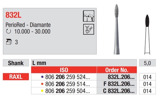 [16630] Fresas Diamantadas Periodoncia RAXL PerioRed 832L Cal. 014 3u Edenta