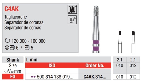 [16679] Fresas Carburo Tungsteno Fig. C4AK Separador Coronas FG 5u EDENTA