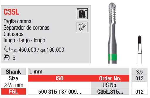 [C35L.315.012] Fresas Carburo Tungsteno Fig. C35L Separador Coronas Largo FG 5u EDENTA
