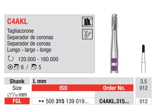 [C4AKL.315.012] Fresa Carburo Tungsteno Separador Coronas Largo FG 5u EDENTA