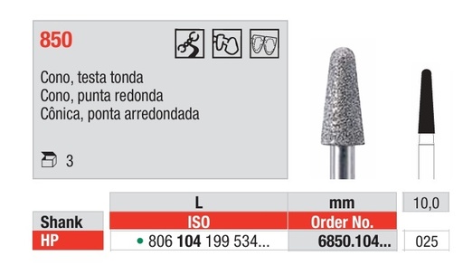 [6850.104.025] Fresas diamantadas Fig. 6850 Grano Grueso Cono punta redonda HP 3u EDENTA