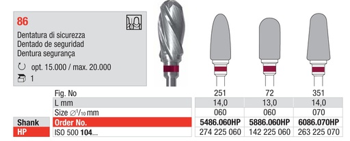 [17649] Fresas Carburo Tungsteno Corte 86 Dentado Seguridad Grano Supergrueso HP 1u Edenta