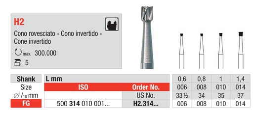 [17651] Fresas Carburo Tungsteno Fig. H2 Cono Invertido FG 5u EDENTA