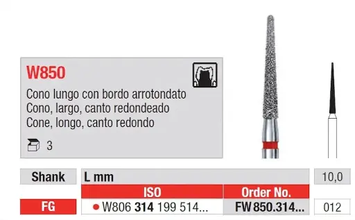 [FW850.314.012] Fresas diamantadas White Tiger Fig. FW850 Grano Fino Cono largo FG 3u Edenta