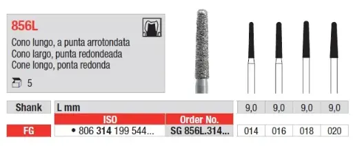 Fresas diamantadas Fig. SG856L Grano Super Grueso Cono Largo punta redonda FG 5u EDENTA 