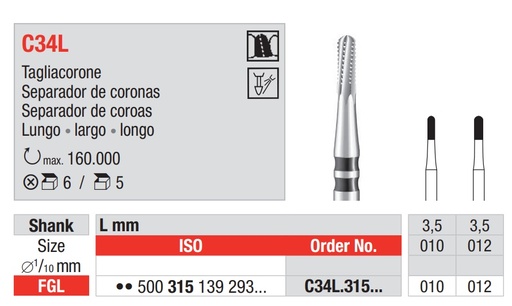 [5113] Fresas Carburo Tungsteno Fig. C34L Separador Coronas Largo FG 5u EDENTA