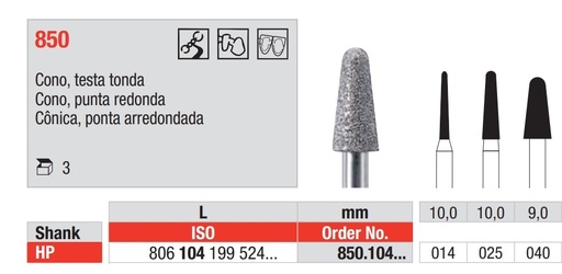 [779] Fresas diamantadas Fig. 850 Grano Medio Cono punta redonda HP 3u EDENTA