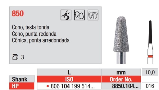 [8850.104.016] Fresas diamantadas Fig. 850 Grano Fino Cono punta redonda HP 3u EDENTA
